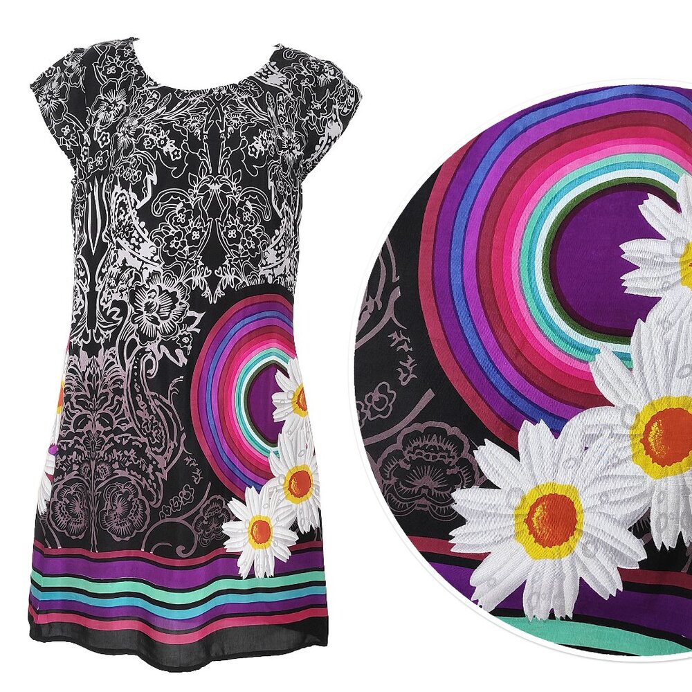 Rainbow Daisy Flower Black Dress Lined Boho Midi Short Sleeve M